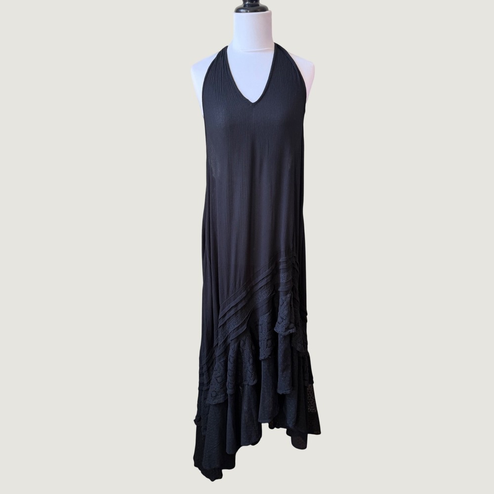 Free‎ People Black Gauze Halter Maxi Dress Open Back Handkerchief Hem Boho Small